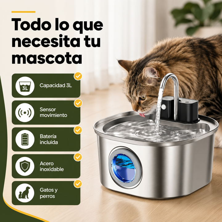 Accesorios para mascotas: fuente de agua inalámbrica automática de 3L. Bebedero recargable de acero inoxidable para gatos y perros.