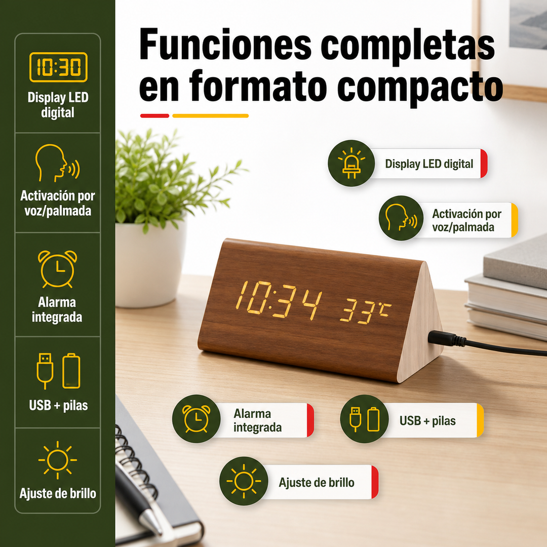 Reloj digital de madera con funciones de activación por voz. Estilo moderno para el hogar.