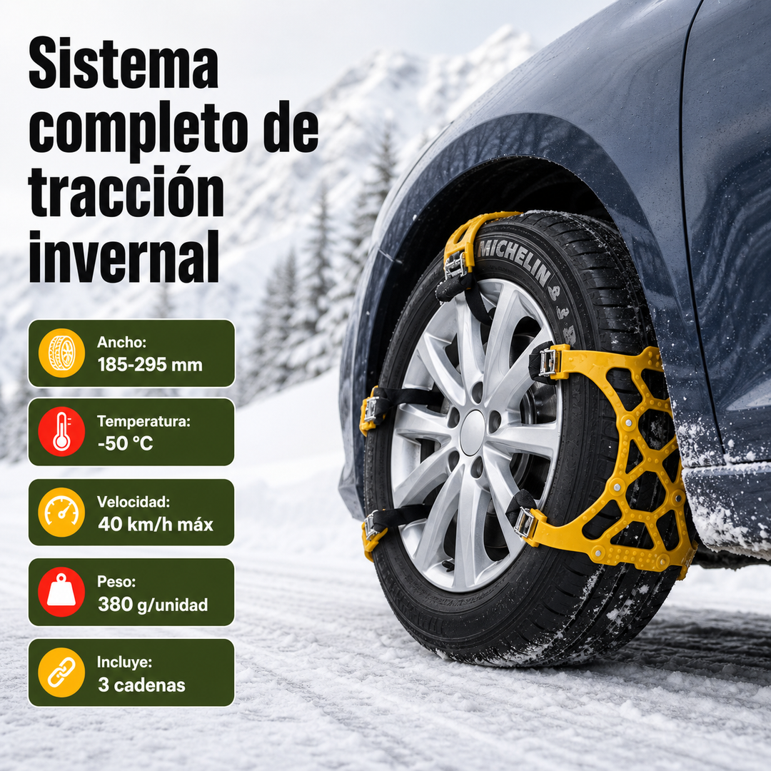 Cadenas de nieve de TPU robustas para coche, SUV y furgoneta. Tracción superior en condiciones invernales.