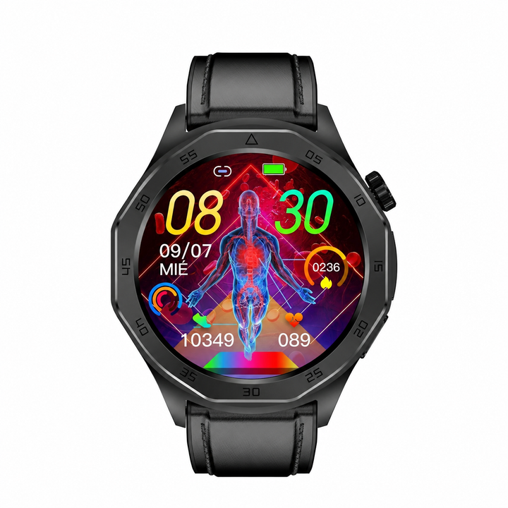 Reloj inteligente de bienestar con monitor cardíaco, detector de caídas y botón SOS para tu seguridad.