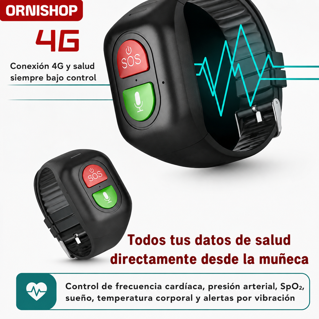 Monitoreo de salud en smartwatch GPS 4G para mayores. Bienestar y seguridad con funciones de emergencia.
