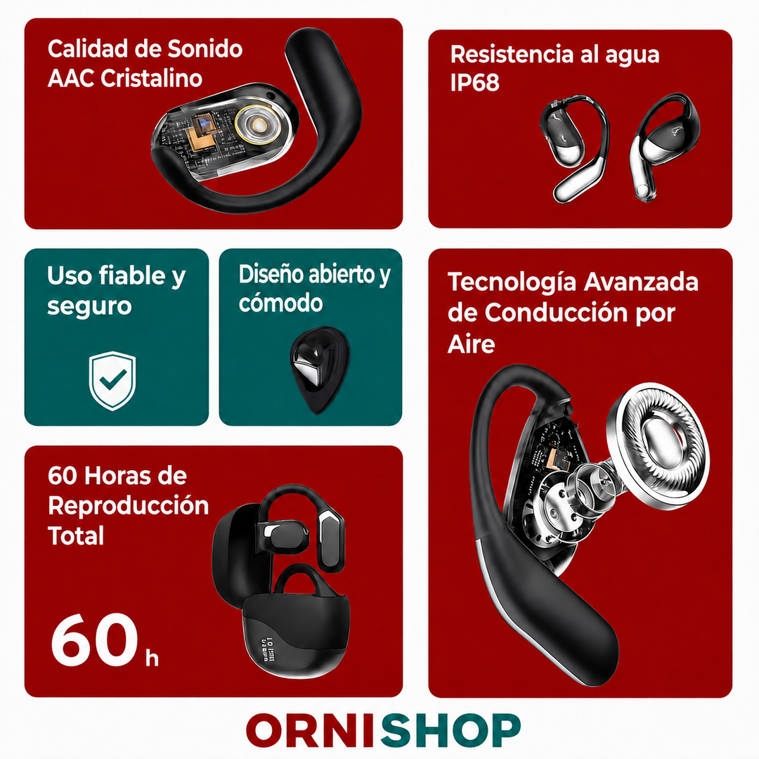 Auriculares traductores inteligentes negros con detalles dorados, ofreciendo traducción instantánea de 144 idiomas.