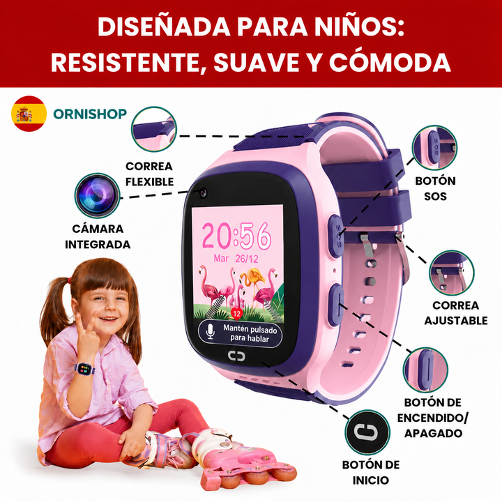 Pantalla de smartwatch infantil GPS 4G mostrando mapa y ubicación exacta del niño.