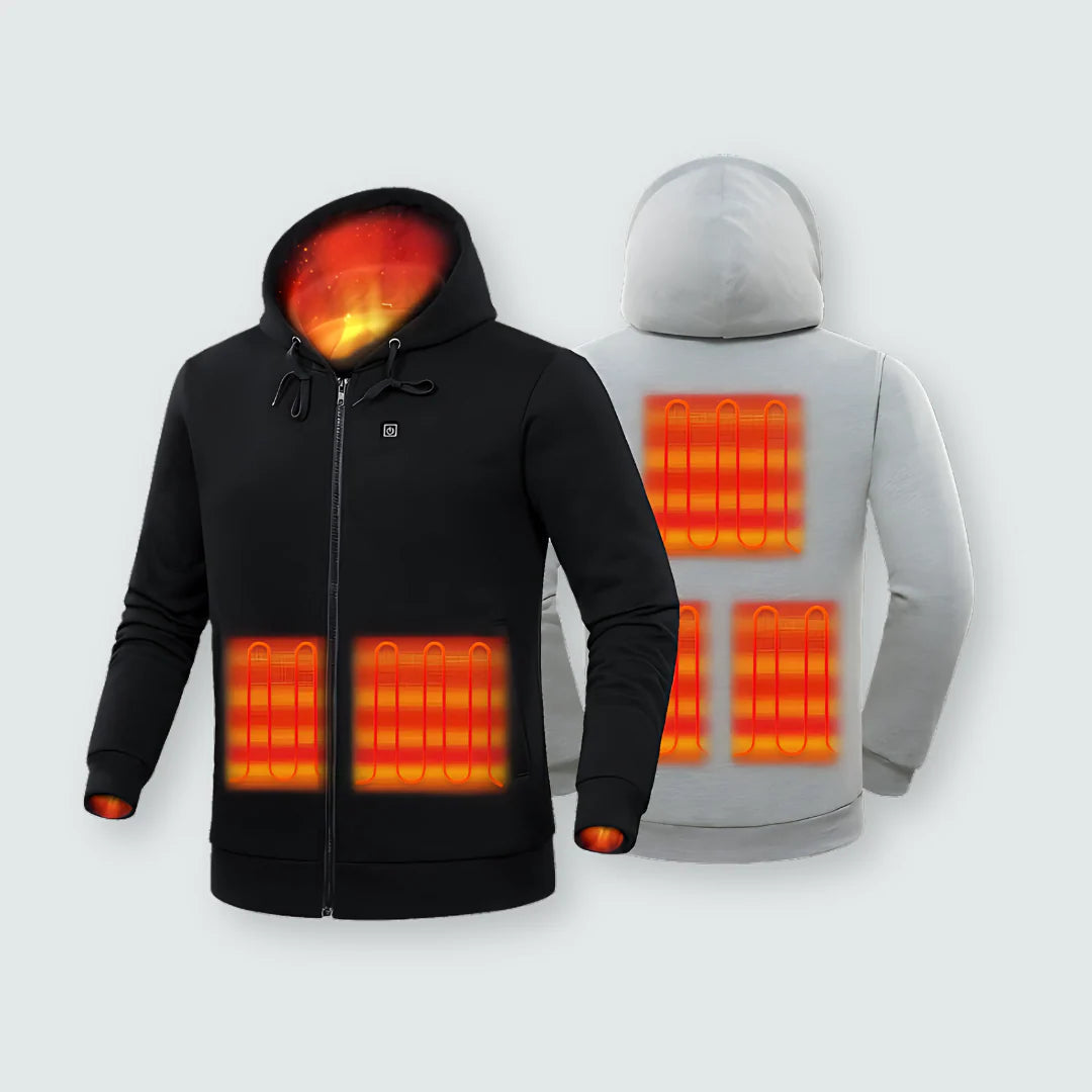 Detalle del controlador de temperatura en sudadera calefactable para hombre, calor personalizado.