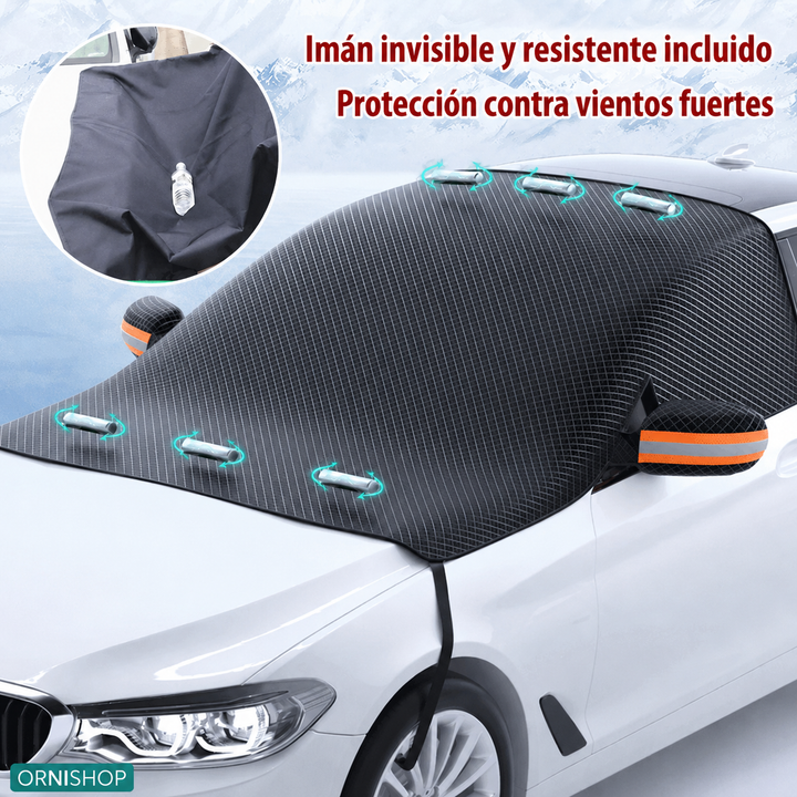 Cubierta antinieve magnética IceCover instalada en parabrisas de coche, protección eficaz.