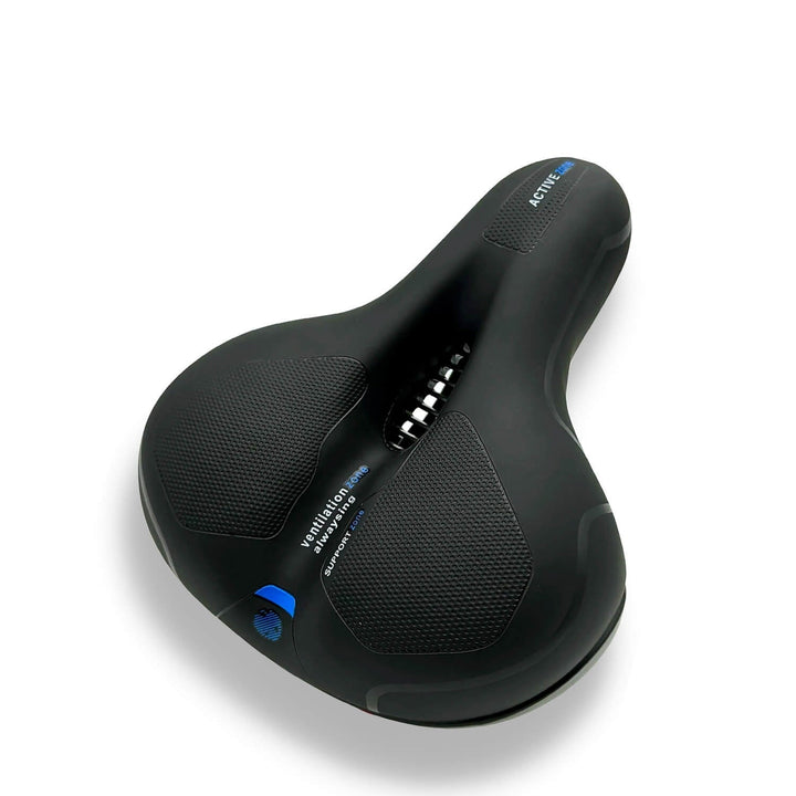 Sillín de bicicleta ergonómico con amortiguación y ventilación, ideal para paseos largos y ciclismo.