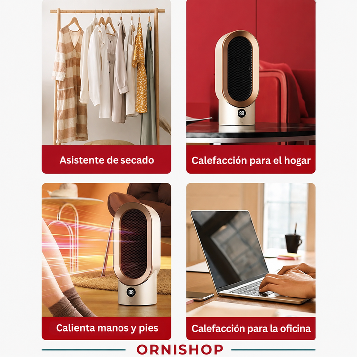 Calefactor portátil compacto para máxima comodidad. Calor eficiente y rápido en el hogar u oficina. Ahorra energía.