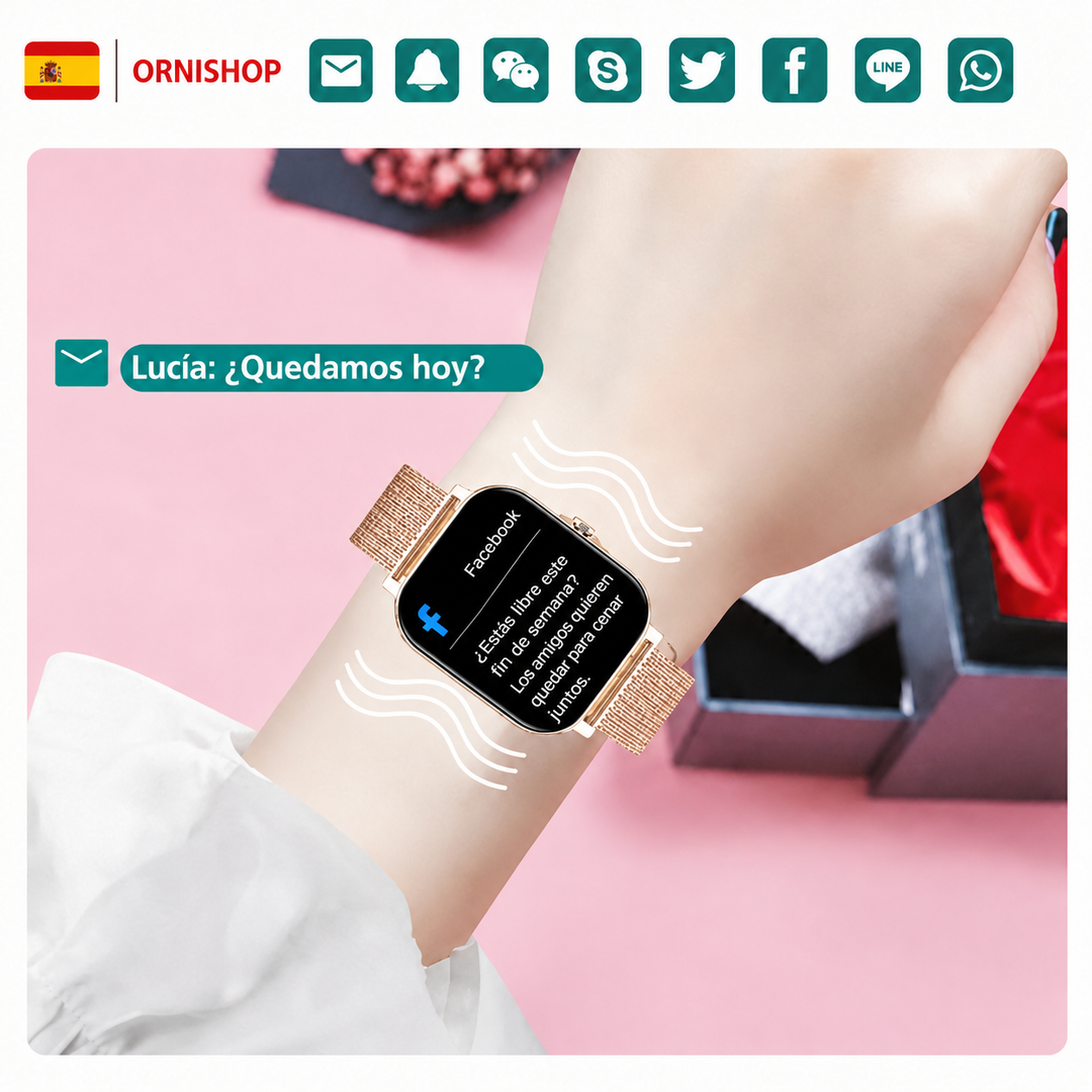 Reloj inteligente negro elegante mujer, perfecto para deporte, salud y un look moderno diario.