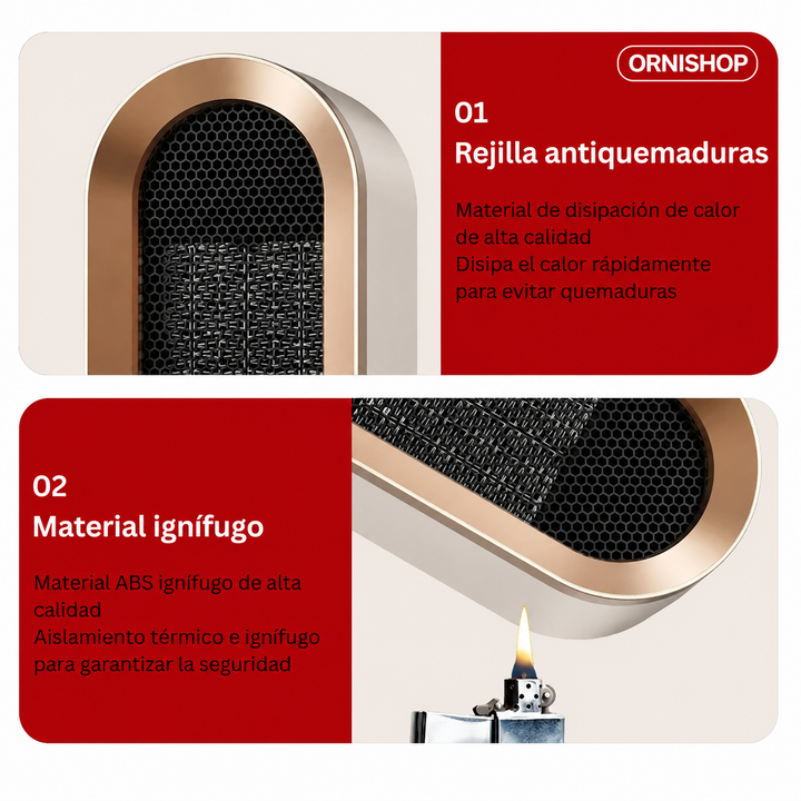 Calefactor de seguridad para hogar. Compacto, portátil y silencioso. Disfruta de calor confortable en invierno.