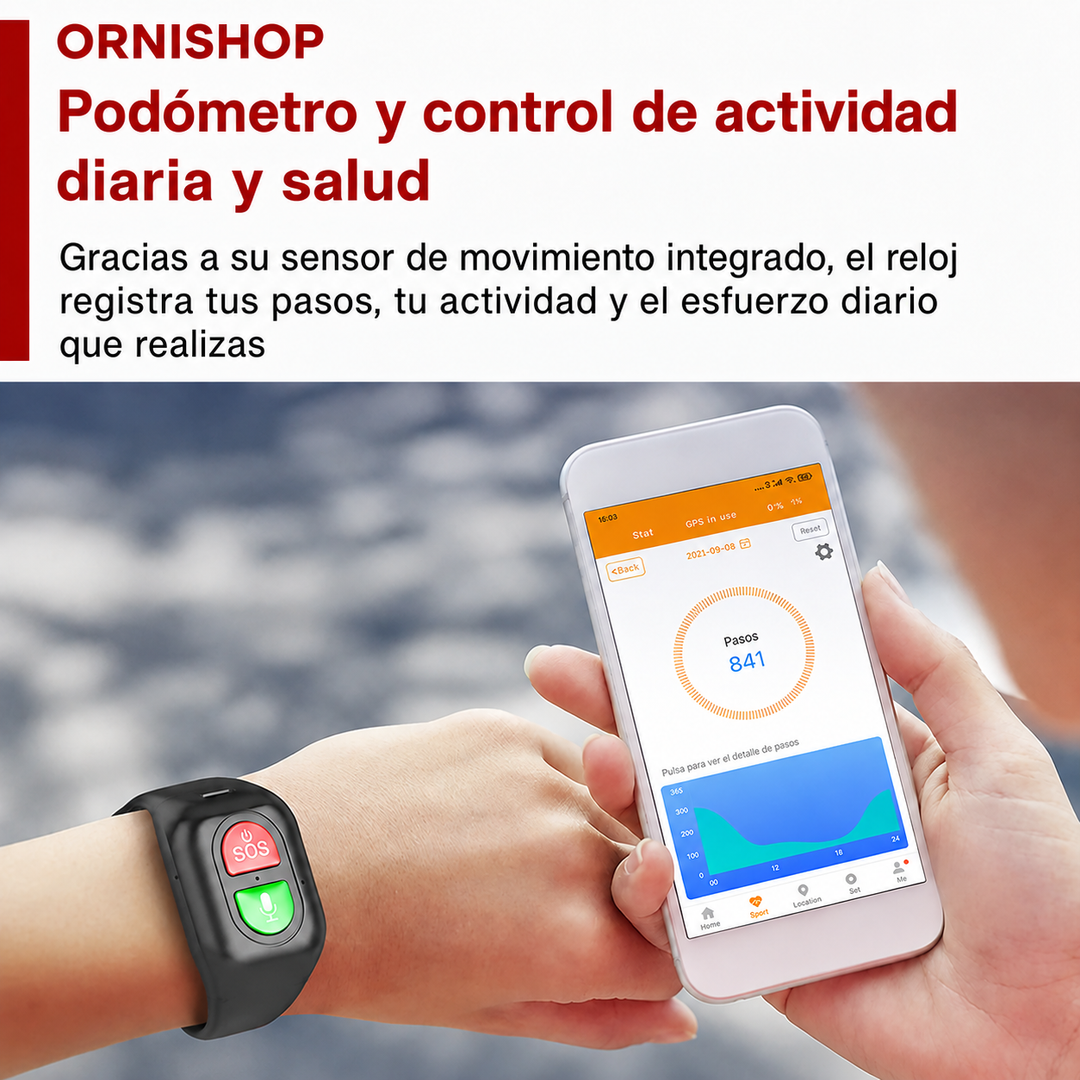 Persona mayor usando smartwatch 4G GPS al aire libre. Monitoreo, seguridad y rastreo en emergencia.