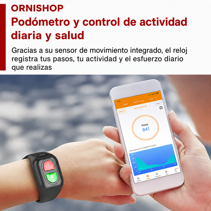 Persona mayor usando smartwatch 4G GPS al aire libre. Monitoreo, seguridad y rastreo en emergencia.