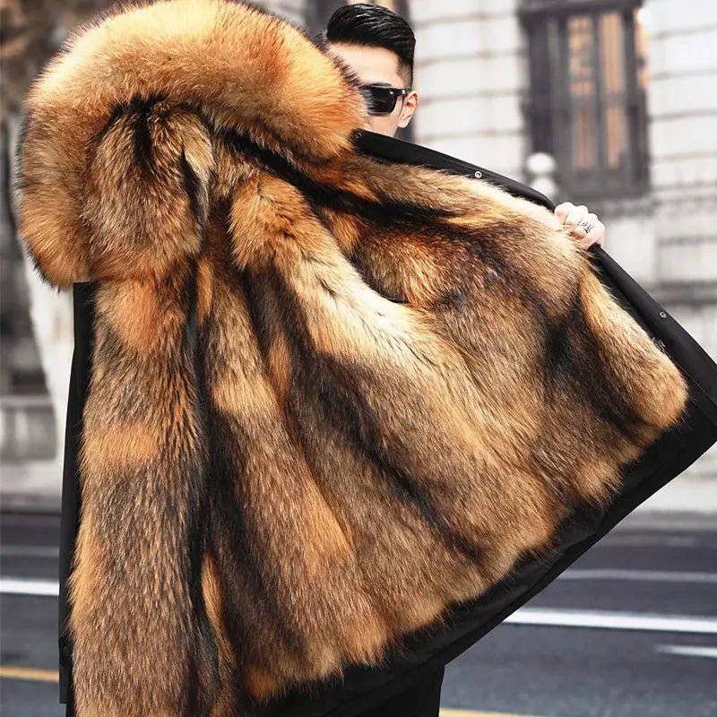 Mantente abrigado con esta parka térmica masculina de invierno, cuello de piel sintética para confort total.