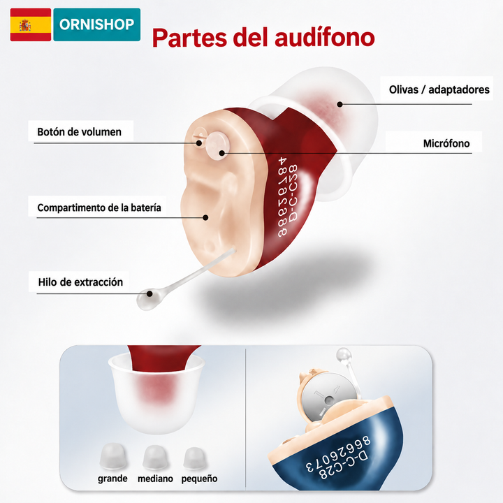 Tecnología avanzada: audífono digital invisible y recargable para mejor audición y claridad.