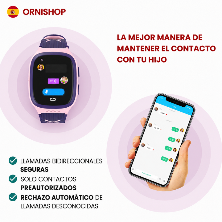 Vista lateral de smartwatch infantil GPS 4G, botones de llamada y SOS para niños.