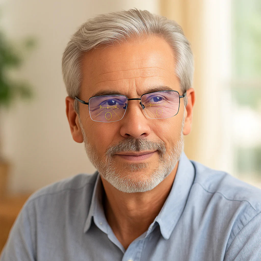 Usuario leyendo con gafas progresivas unisex. Visión clara para lectura y adaptabilidad lumínica.