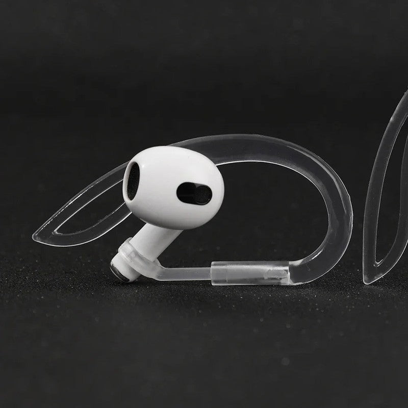 Ganchos deportivos ajustables para auriculares inalámbricos, sujeción segura durante el ejercicio.