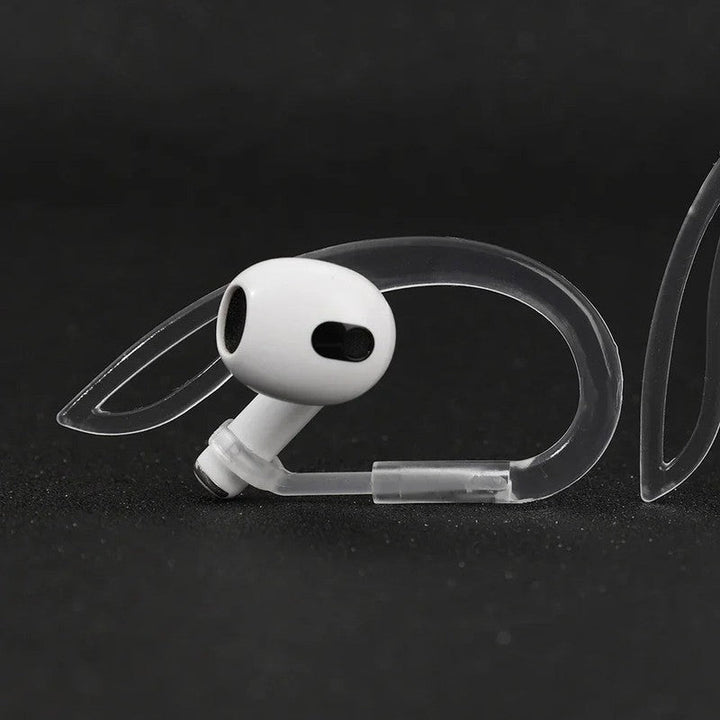 Ganchos deportivos ajustables para auriculares inalámbricos, sujeción segura durante el ejercicio.