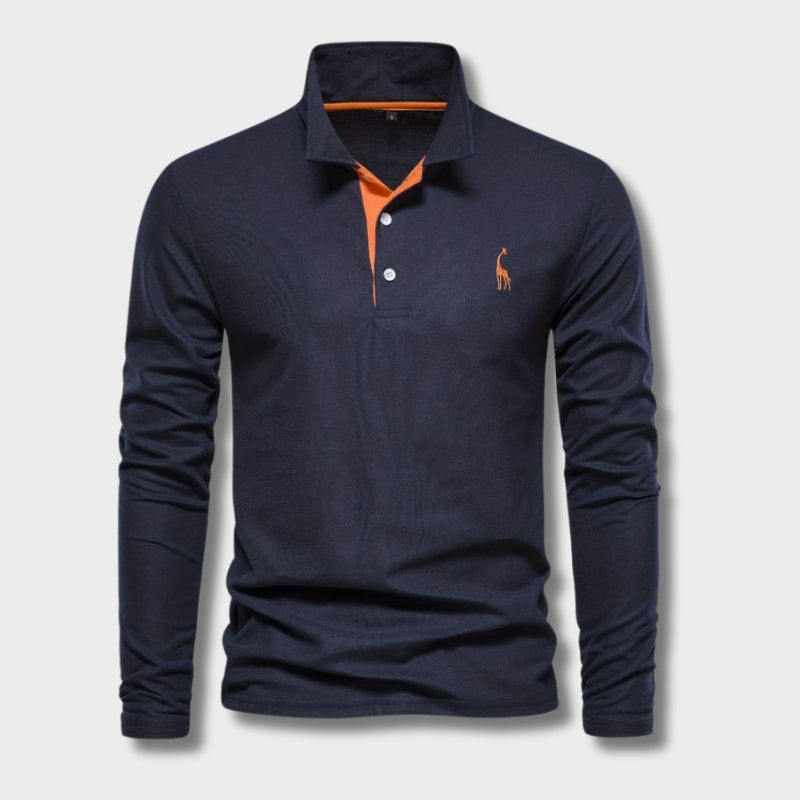 Polo hombre manga larga elegante, cuello contraste. Moda masculina casual, estilo versátil.