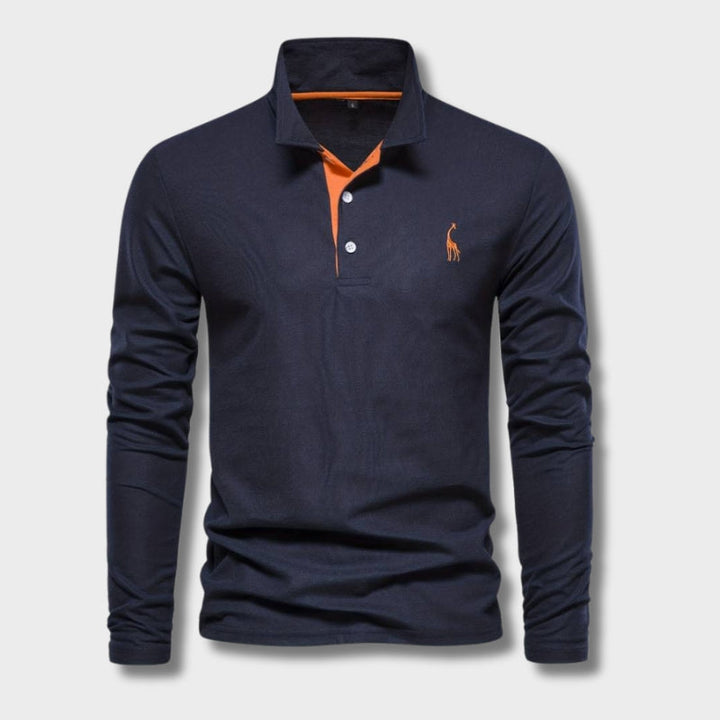Polo hombre manga larga elegante, cuello contraste. Moda masculina casual, estilo versátil.