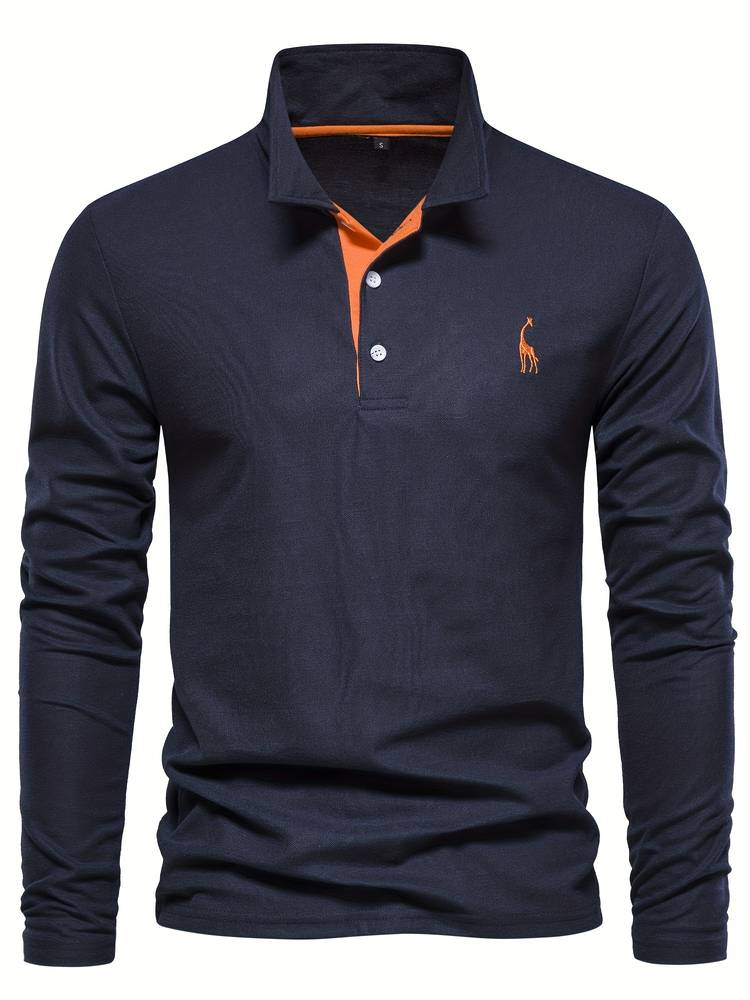 Polo hombre manga larga, cuello contraste distintivo. Elegante y cómodo, perfecto para la moda masculina casual.