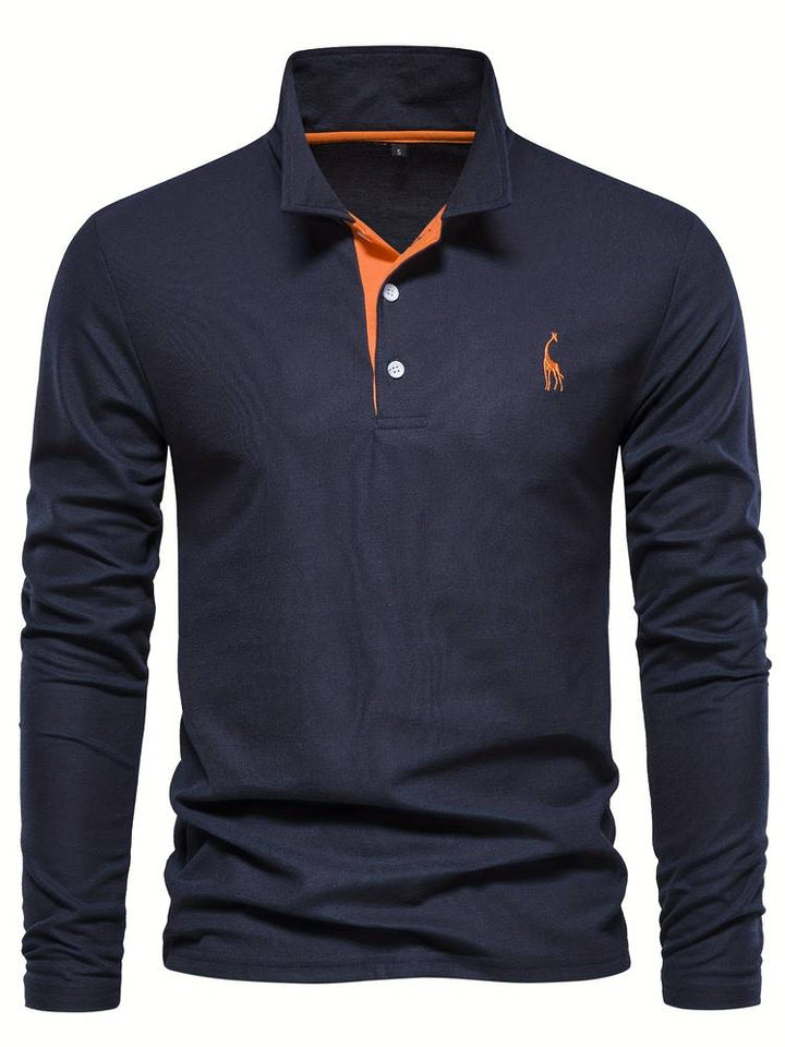 Polo hombre manga larga, cuello contraste distintivo. Elegante y cómodo, perfecto para la moda masculina casual.