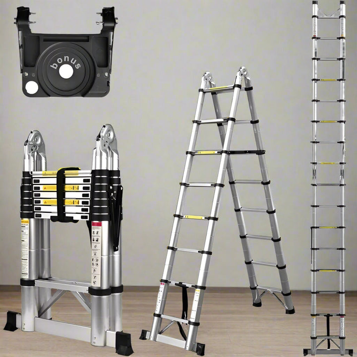 Escalera telescópica plegable de aluminio, compacta y robusta para trabajos en casa o profesionales.