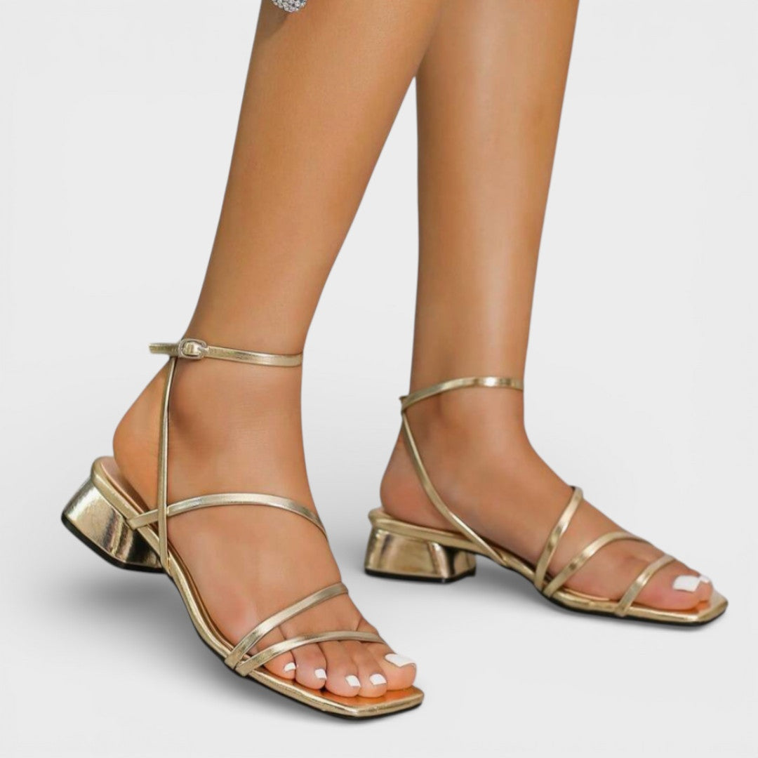 Sandalias mujer tacón grueso y tiras cruzadas. Calzado elegante y cómodo para eventos y fiesta.