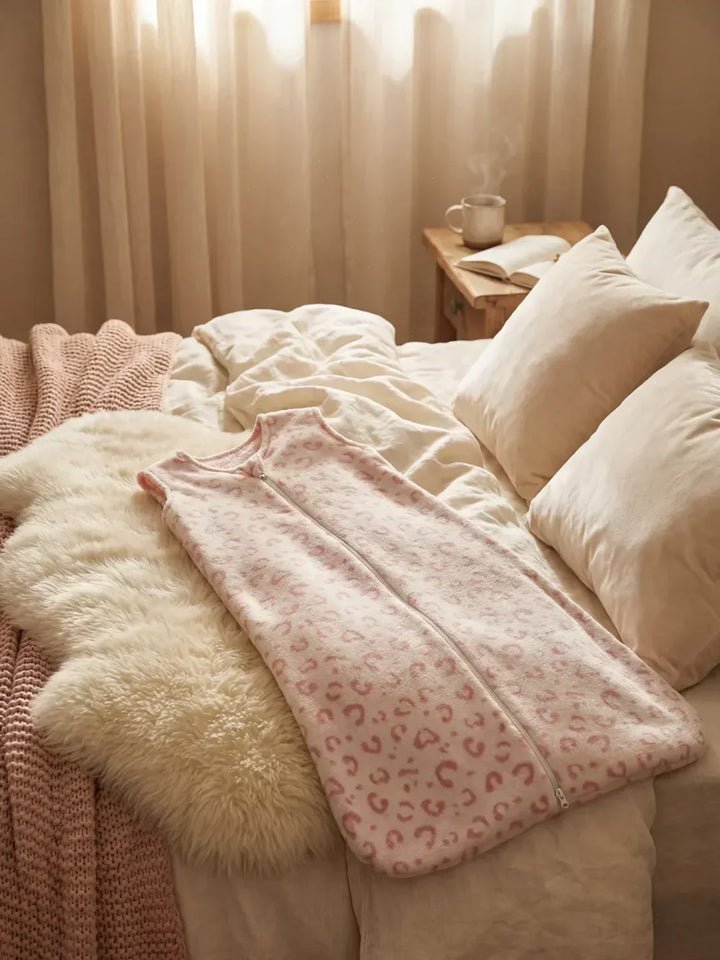 Saco de dormir para bebé de forro polar con diseño de leopardo rosa, ideal para el frío.