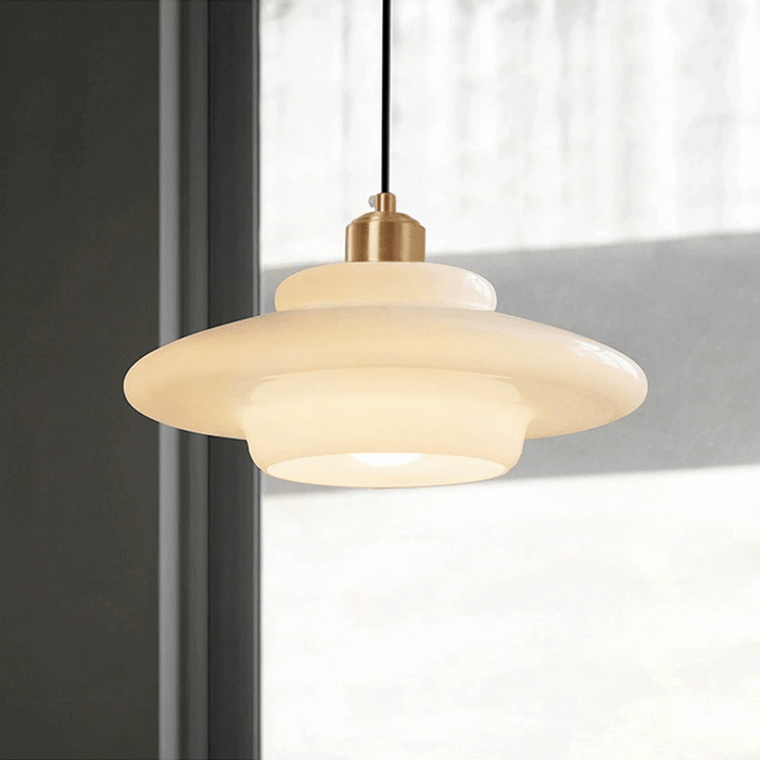 Auténtica lámpara colgante de cristal marfil y latón estilo Mid-Century, iluminación retro moderna.