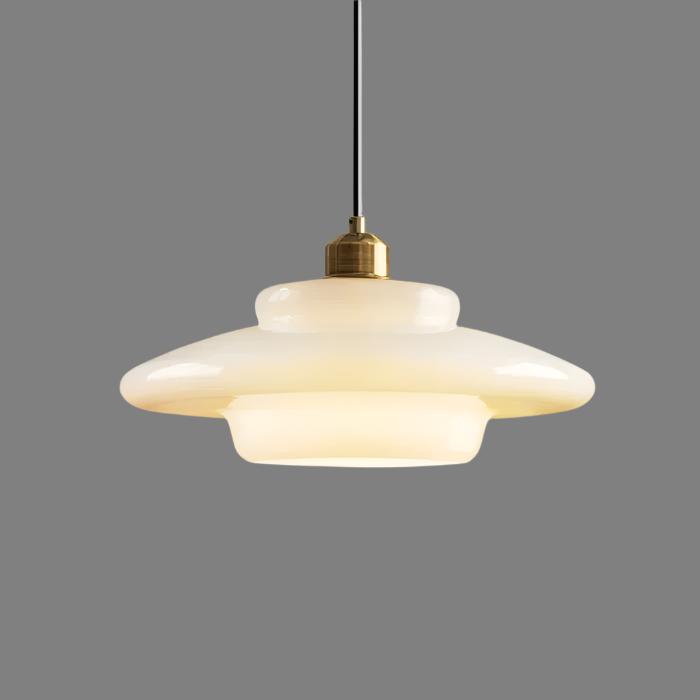 Lámpara colgante estilo Mid-Century, cristal marfil y latón pulido, iluminación de techo moderna.