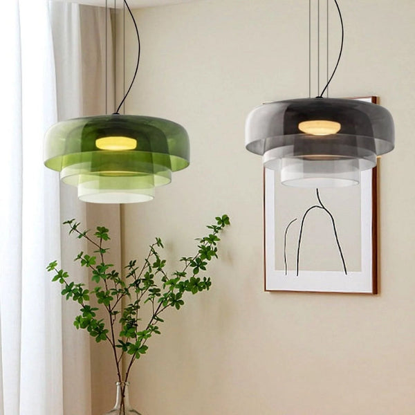 Lámpara colgante minimalista de techo, cristal y metal. Ideal para iluminación LED moderna en el hogar.