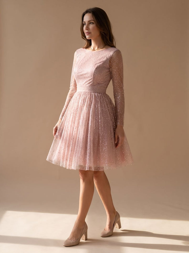 Vestido de fiesta mujer tul glitter con purpurina, manga larga evasé y corte evasé. Elegante para noche.