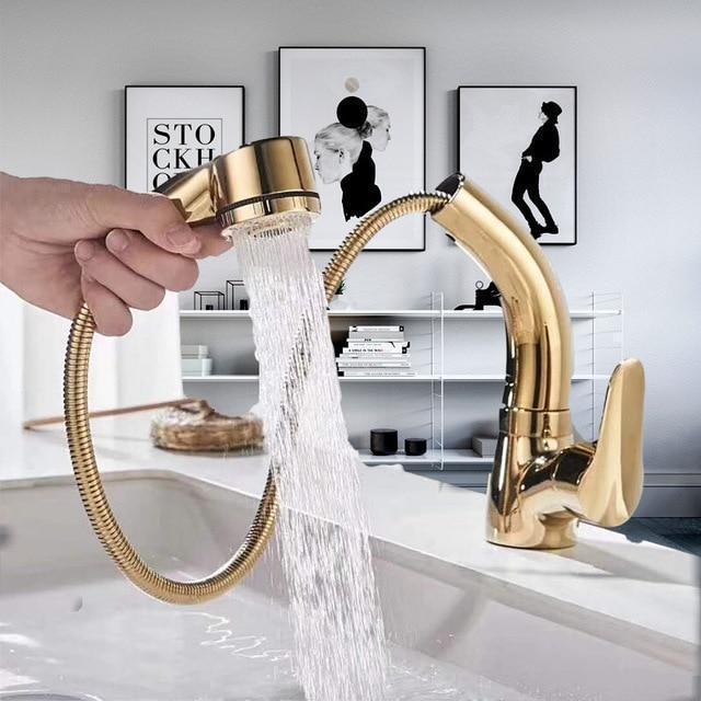 Grifo de baño extraíble, diseño elegante y moderno para lavabos, disponible en negro, cromo u oro.