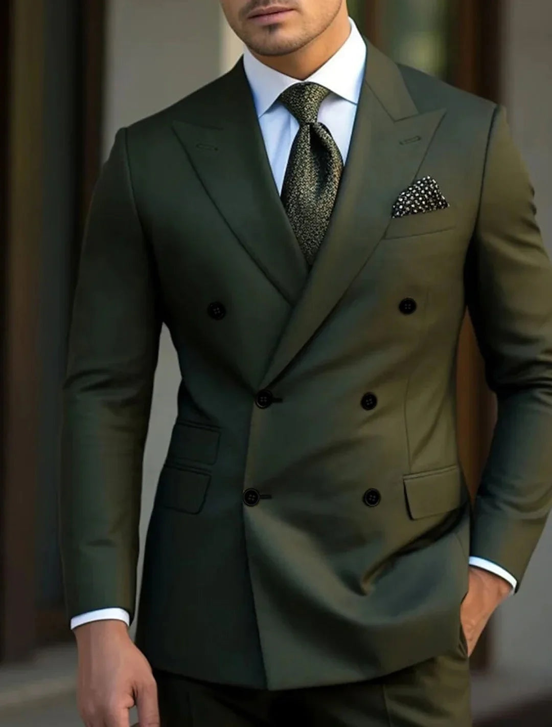 Chaqueta cruzada de novio con solapa de pico, corte elegante y formal. Ideal para fiesta de boda.