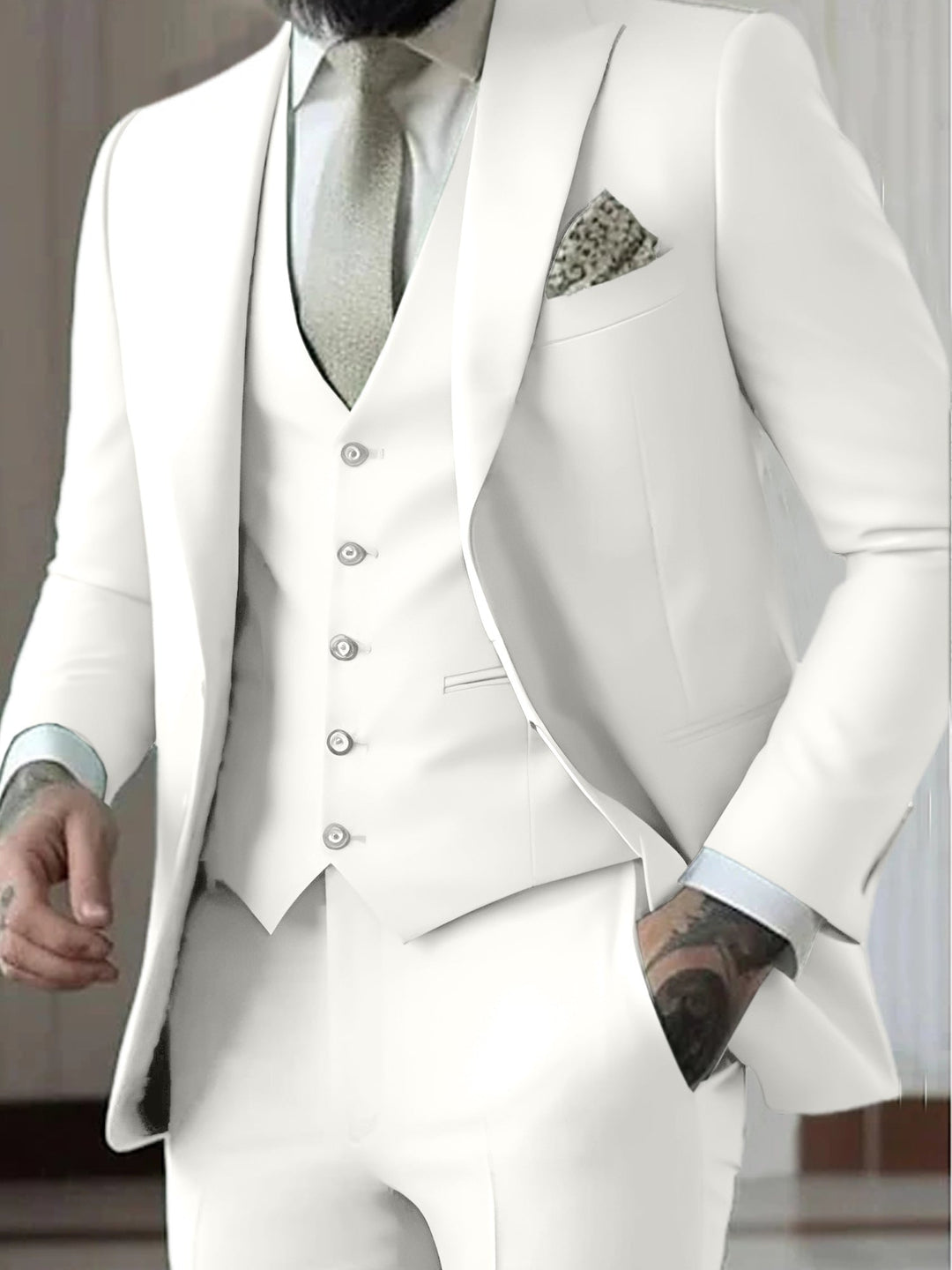 Vestimenta de novio de 3 piezas, corte slim fit, para hombres que buscan elegancia y modernidad.