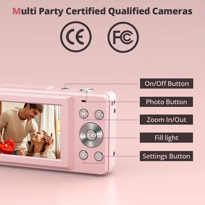 Cámara digital compacta vintage, ideal para viajes. Graba video 1080p y toma fotos con estilo.