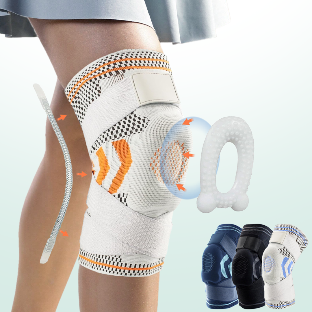 Soporte de rodilla ajustable para alivio del dolor y estabilidad durante deporte y recuperación.