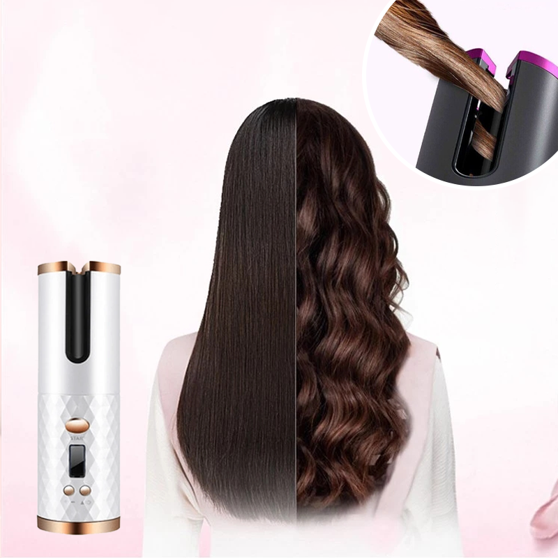 Rizador inalámbrico con tecnología de cerámica para proteger el cabello y lograr rizos brillantes.