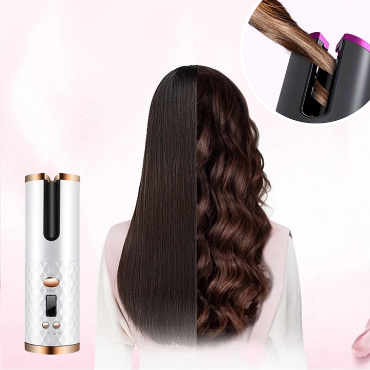 Rizador inalámbrico con tecnología de cerámica para proteger el cabello y lograr rizos brillantes.