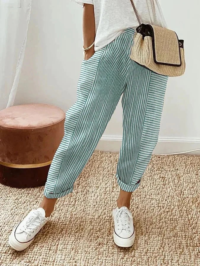 Pantalón Dalia de lino fluido a rayas para mujer. Comodidad transpirable, cintura ajustable y bolsillos, estilo de verano relajado.