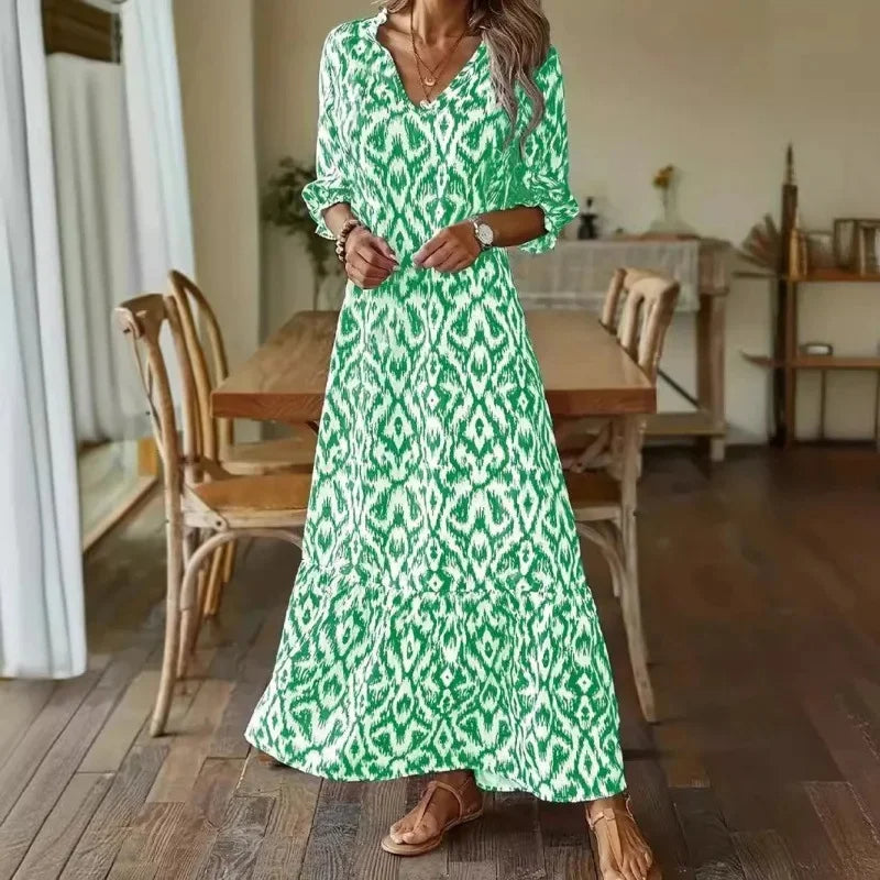 Vestido de verano versátil para mujer. Escote en V, mangas cortas, cómodo, perfecto para casual o eventos ligeros.