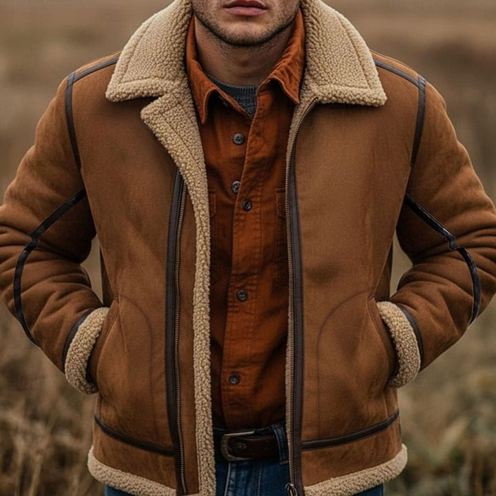 Chaqueta aviador hombre marrón con forro sherpa, estilo casual invierno, cierre total.