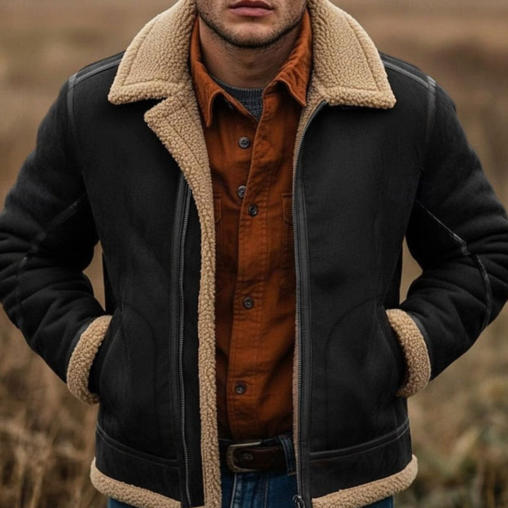 Cazadora aviador marrón de hombre, forro sherpa, cierre total, abrigo casual y moderno.