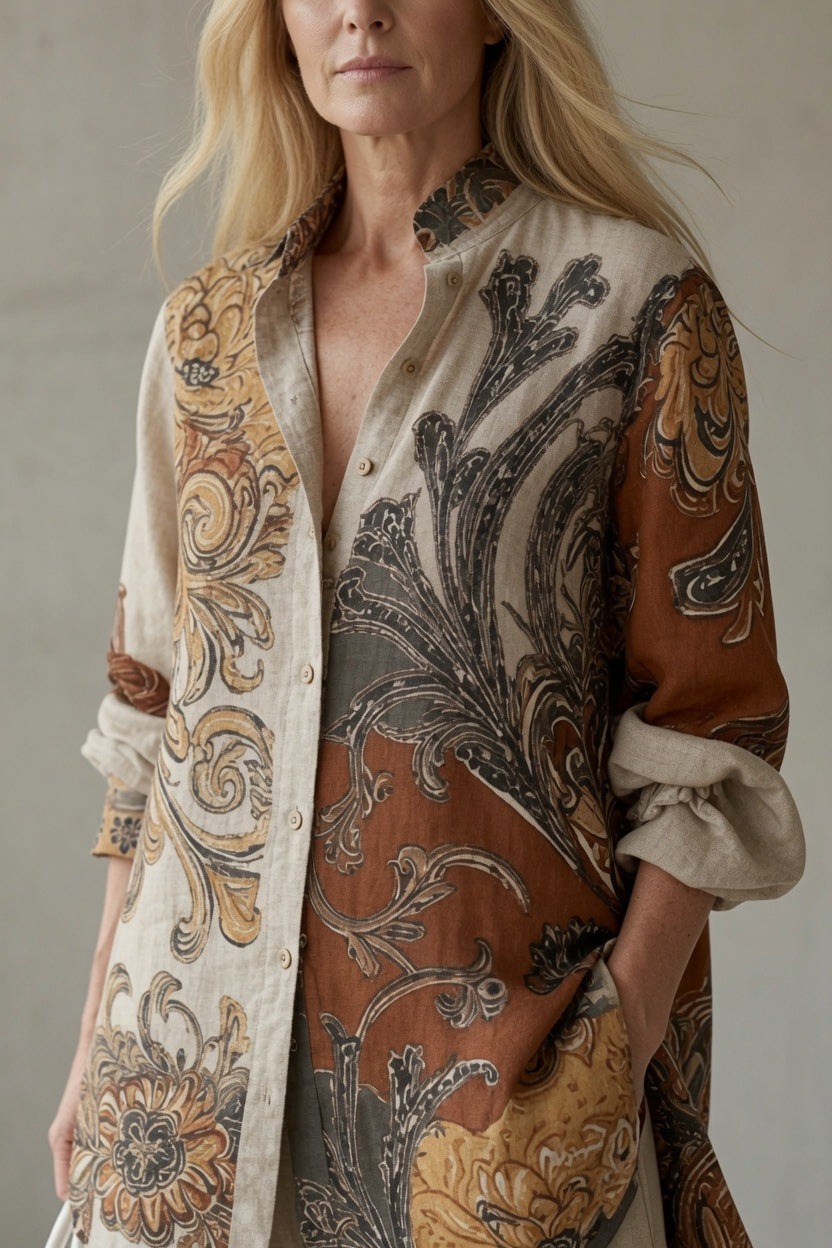 Pantalón fluido y camisa estampada de mujer. Conjunto bohemio vintage ideal para verano, con gran comodidad y estilo.