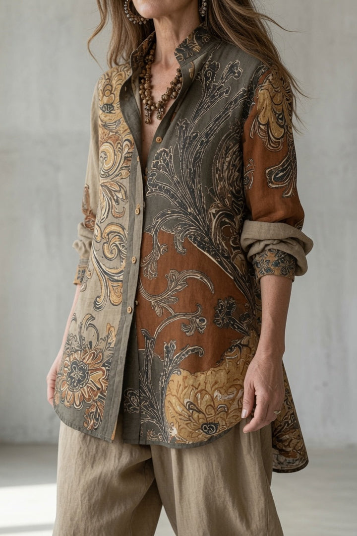 Camisa estampada y pantalón fluido, conjunto bohemio vintage de dos piezas. Estilo casual chic para mujer.