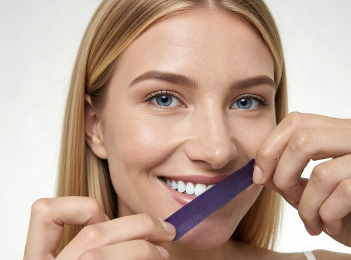 Colección de tiras blanqueadoras PAP Púrpura. Solución para dientes blancos, higiene bucal y belleza dental.