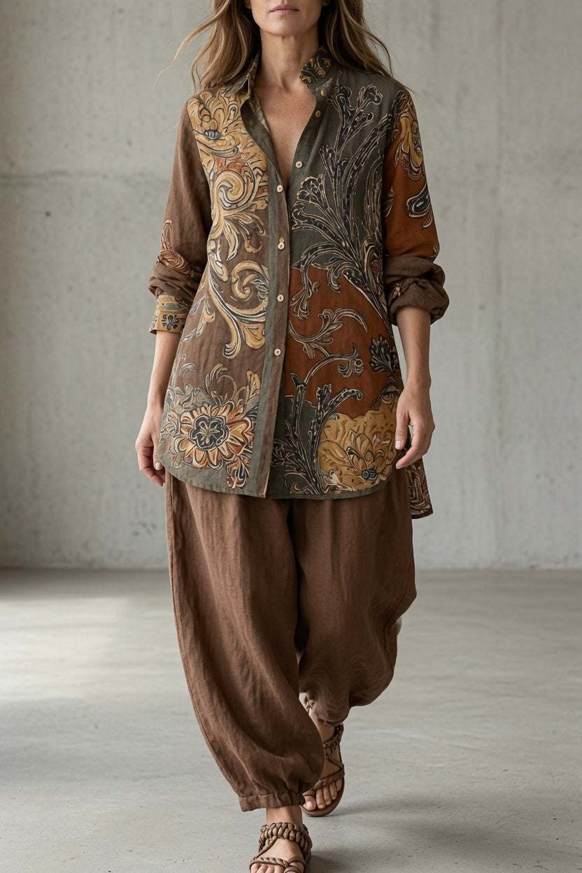 Conjunto de dos piezas para mujer, estilo bohemio. Camisa estampada y pantalón fluido, perfecto para primavera/verano.