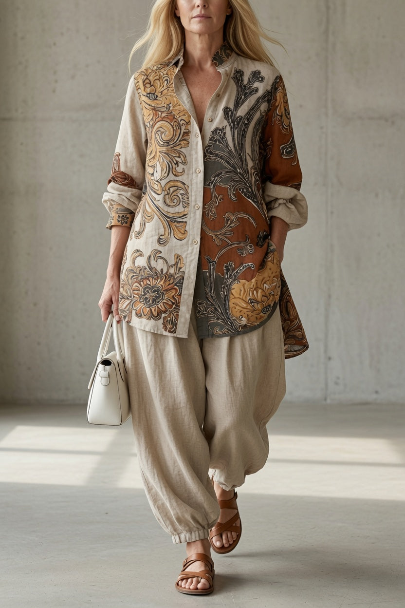 Ropa vintage elegante: conjunto de camisa estampada y pantalón fluido para mujer. Moda femenina casual y cómoda.