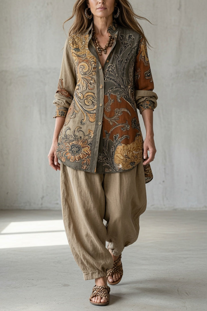 Conjunto bohemio vintage para mujer. Camisa estampada y pantalón fluido, ideal para un look casual y cómodo.