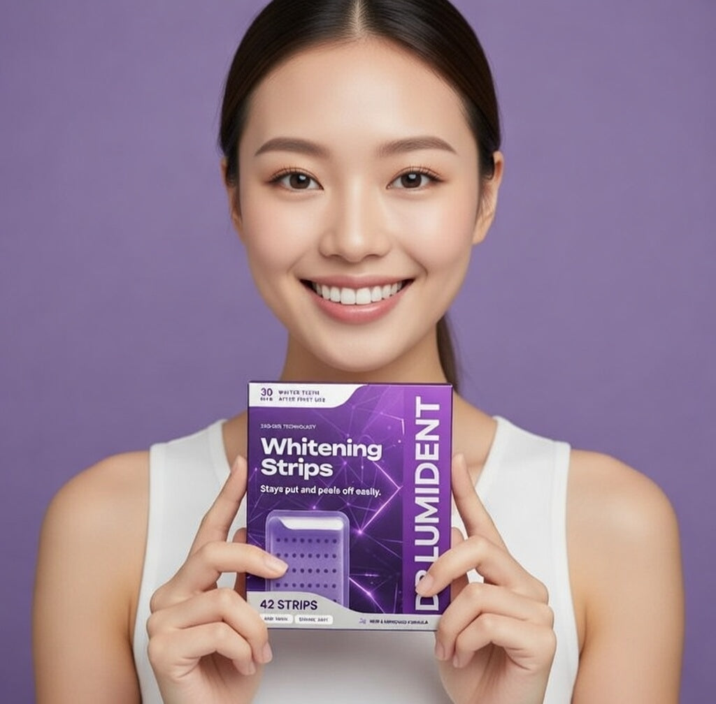 Tiras blanqueadoras PAP Púrpura para dientes blancos. Belleza dental sin sensibilidad, cuidado oral superior.